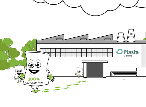 Eine animierte Fabrik der Plasta Group mit drei lächelnden, anthropomorphen Säcken, die grüne Fußabdrücke hinterlassen und für Recycling stehen.