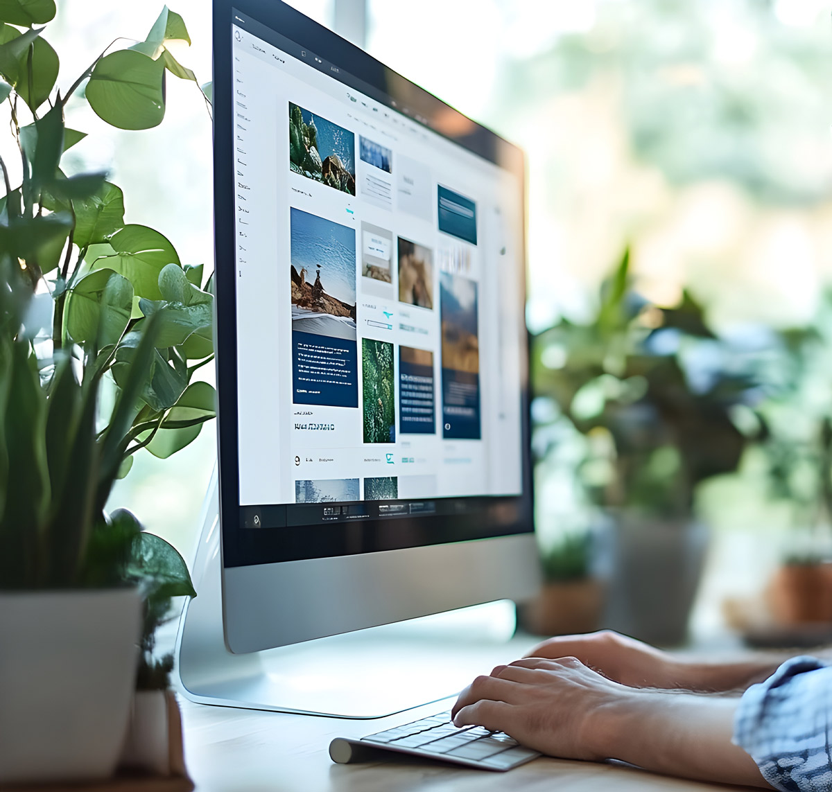 Ein Benutzer arbeitet an einem Computer mit einem kreativen Design-Interface, umgeben von grünen Pflanzen.