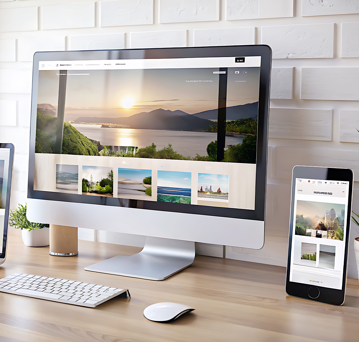 Moderne Arbeitsumgebung mit Computer und Smartphone, die eine Landschaftswebsite anzeigen, bei Sonnenuntergang.