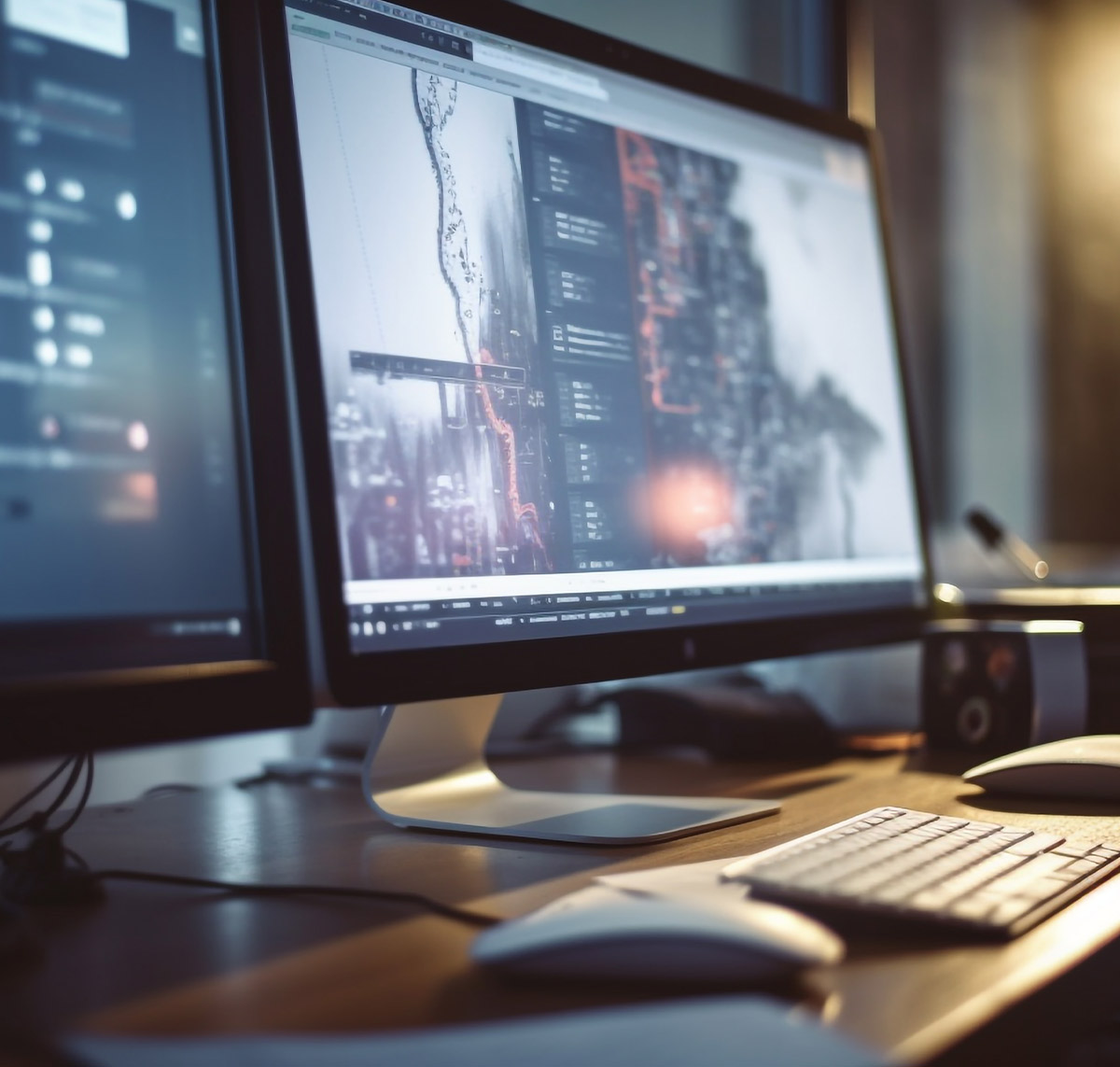 Ein moderner Arbeitsplatz mit einem Computerbildschirm, Tastatur und Maus, ideal für kreative digitale Arbeiten.