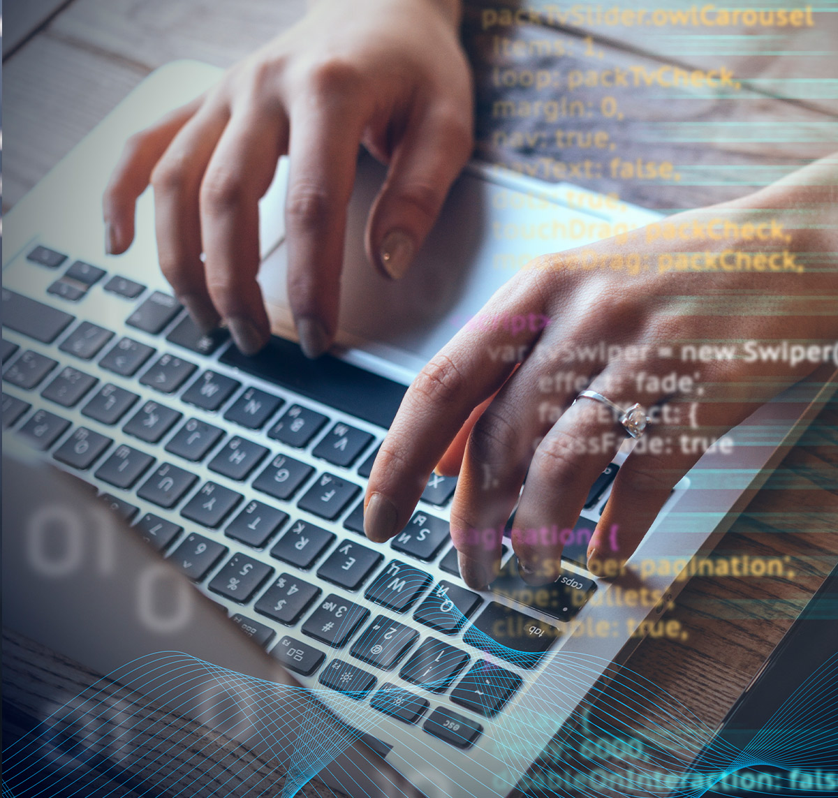Eine Person tippt auf einer Laptop-Tastatur, umgeben von digitalen Code-Elementen und Grafiken.