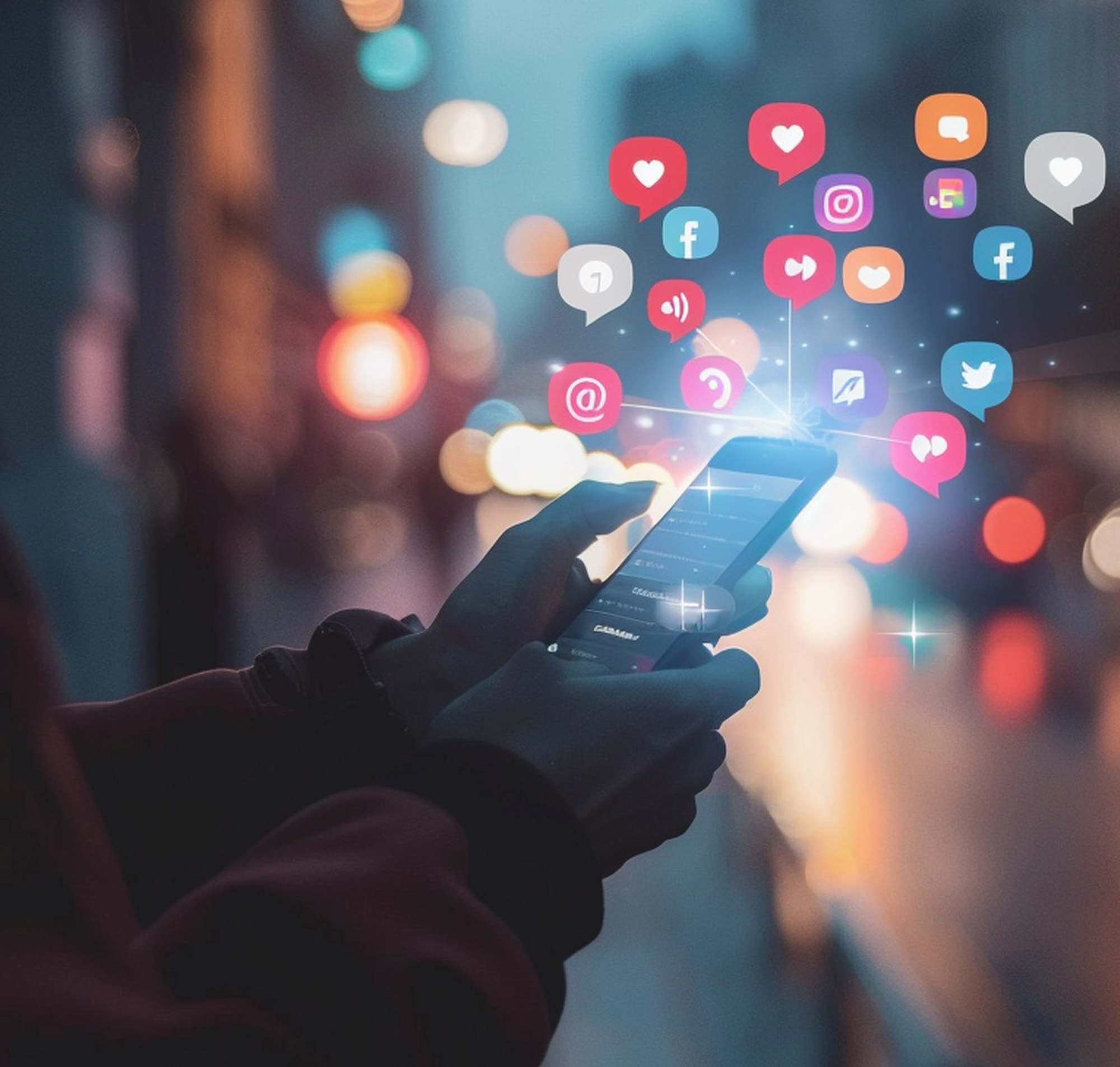 Eine Person hält ein Smartphone, während soziale Medien-Symbole darüber schweben, in einer urbanen Umgebung bei Nacht.