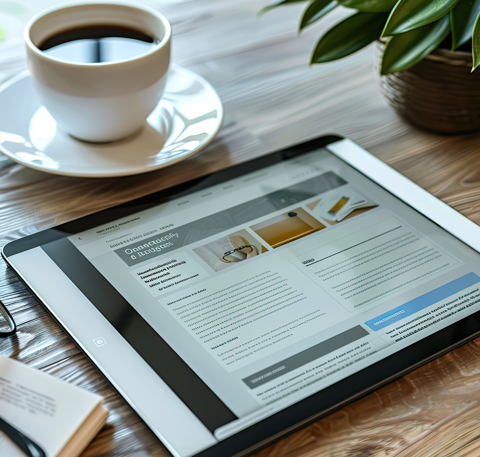 Ein Tablet mit einer Webseite, einer Tasse Kaffee und einer Pflanze auf einem Holztisch, ideal für Produktivität.