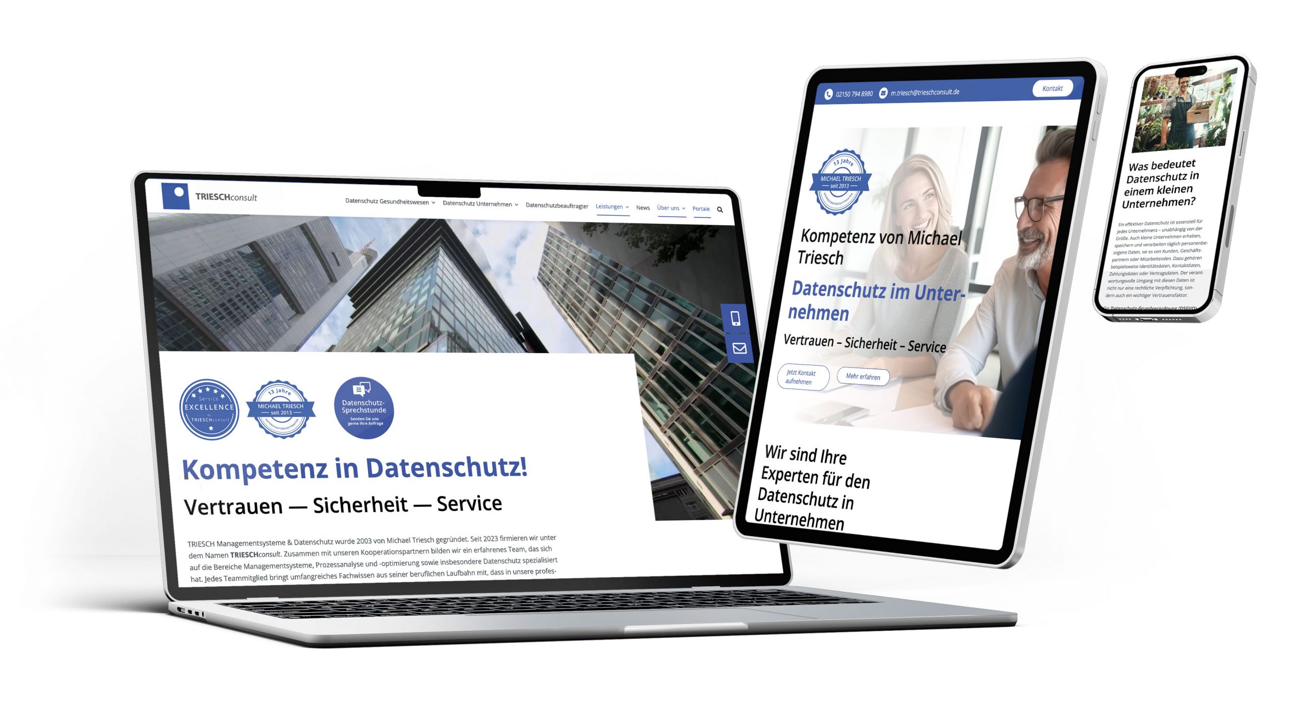Moderne Geräte zeigen die Webseite von TRIESCHconsult mit Fokus auf Datenschutz und Unternehmenssicherheit.