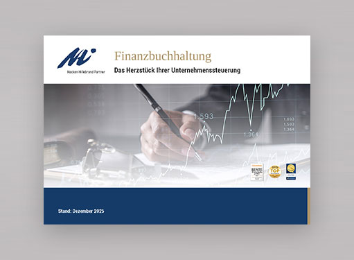 Finanzbuchhaltung Präsentation mit Grafiken und einem Stift, der auf einem Dokument zeigt. Stand: Dezember 2025.