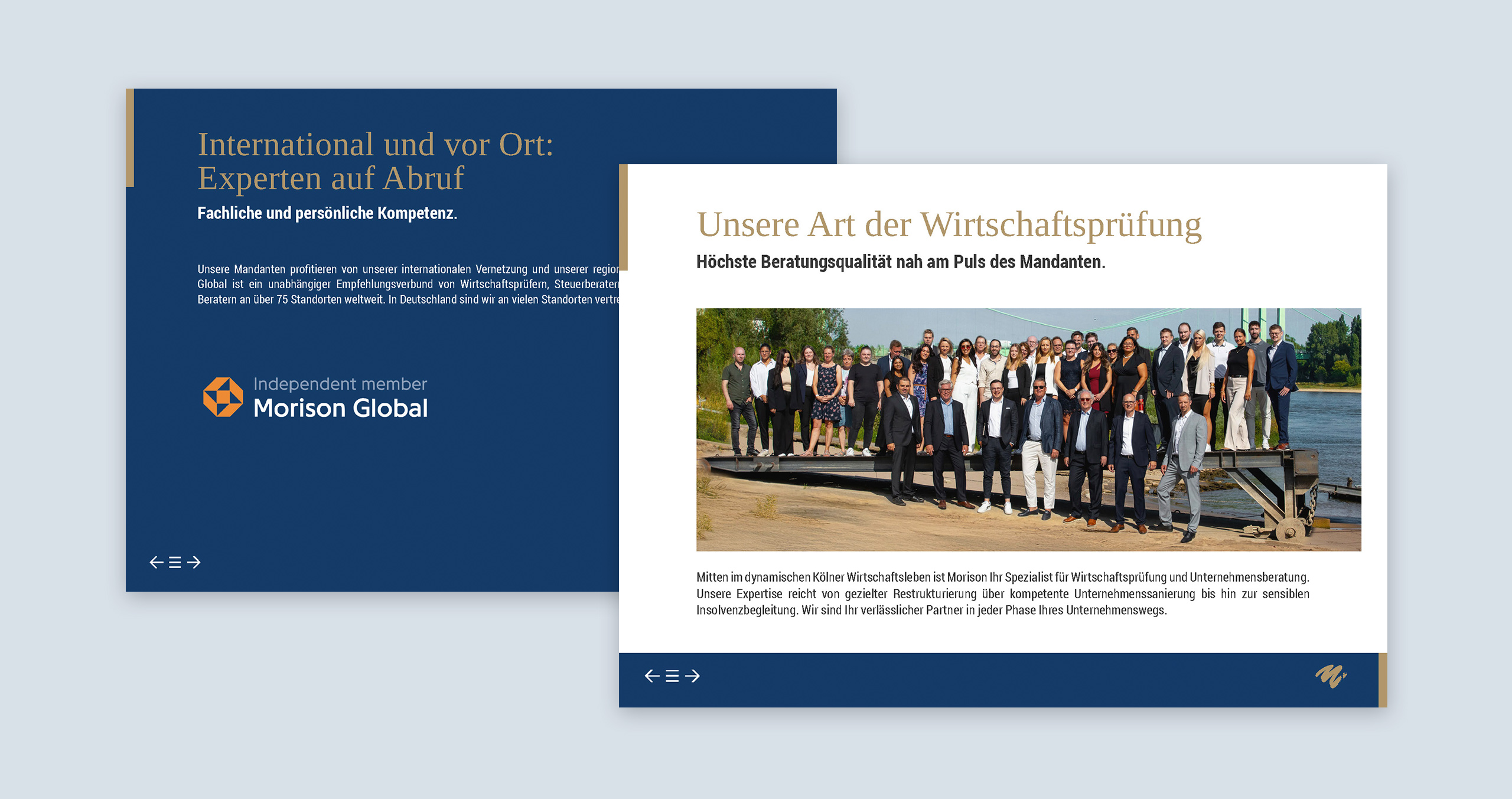 Professionelles Team von Morison Global, spezialisiert auf Wirtschaftsprüfung und Unternehmensberatung, am Wasser versammelt.