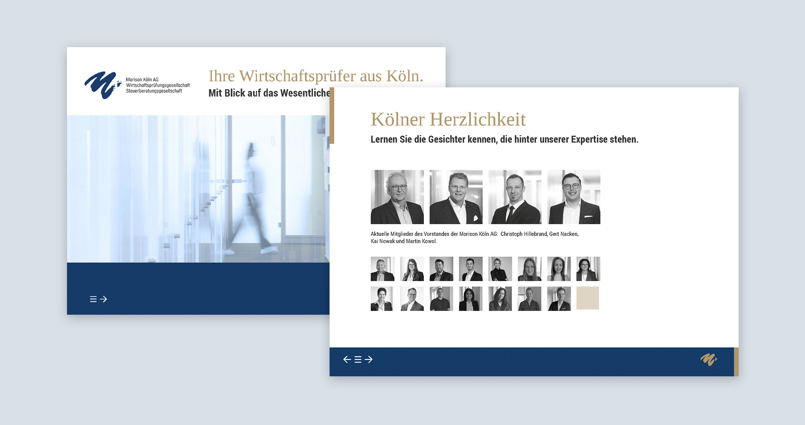 Die Wirtschaftsprüfer von Morison Köln AG präsentieren ihre Expertise und Teammitglieder auf der Webseite.