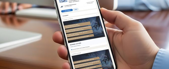 Eine Person hält ein Smartphone, auf dem der NHP-Newsletter mit verschiedenen Themen angezeigt wird.
