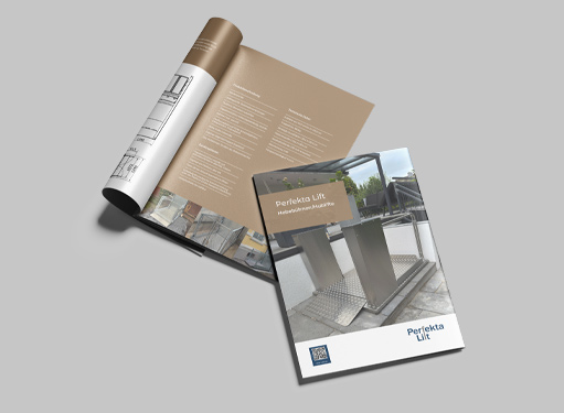Ein offenes Prospekt von Perfekta Lift mit Informationen über barrierefreie Lösungen und modernen Aufzugdesigns.