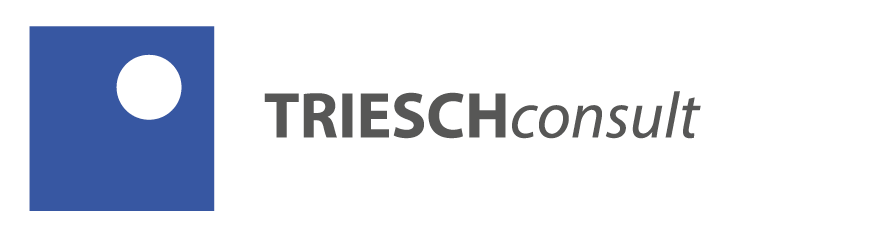 Das Logo von TRIESCHconsult zeigt ein blaues Quadrat mit einem weißen Kreis und dem Schriftzug in Grau.