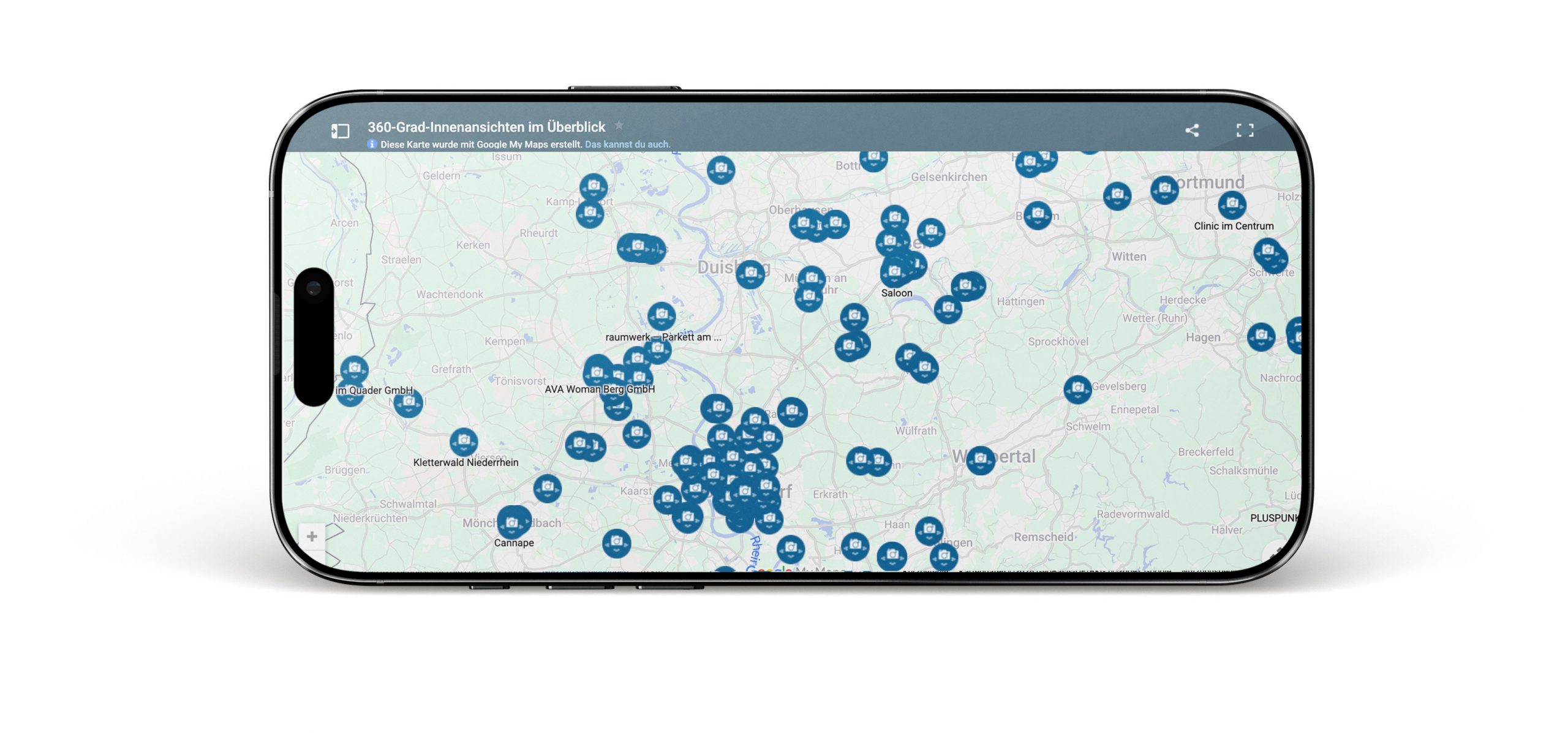 Interaktive 360-Grad-Karte auf einem Smartphone zeigt verschiedene Standorte in Deutschland.