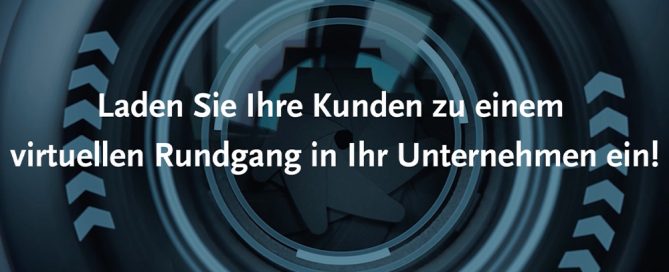 Ein stilisierter Kameraverschluss vor blauem Hintergrund mit dem Text: Laden Sie Ihre Kunden zu einem virtuellen Rundgang in Ihr Unternehmen ein!