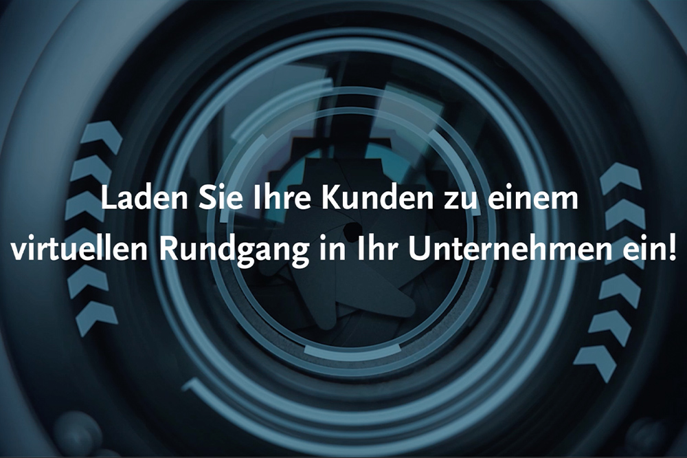 Ein stilisierter Kameraverschluss vor blauem Hintergrund mit dem Text: Laden Sie Ihre Kunden zu einem virtuellen Rundgang in Ihr Unternehmen ein!