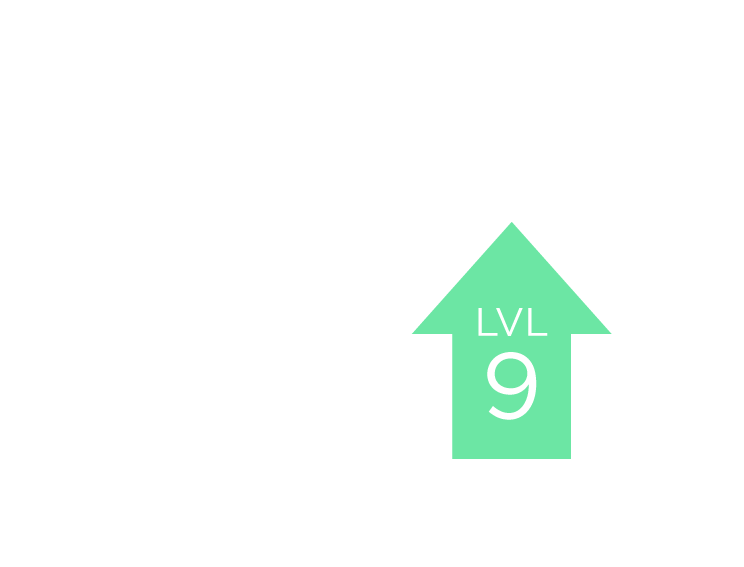 Grafik zeigt den Anstieg auf 57.000 mit einem Pfeil nach oben und dem Level 9, symbolisiert Wachstum und Fortschritt.