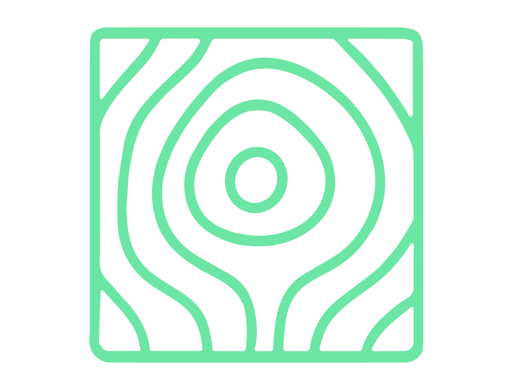 Ein quadratisches Symbol mit hellgrünen, geschwungenen Linien auf schwarzem Hintergrund, die eine stilisierte Holzmaserung darstellen.