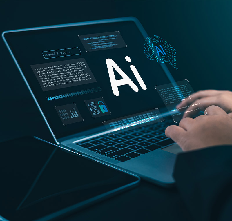 Ein Laptop-Bildschirm zeigt eine künstliche Intelligenz-Benutzeroberfläche mit dem Ai-Logo, Daten-Code-Blöcken und einem digitalen Gehirn-Symbol.