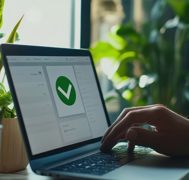 Eine Hand bedient einen Laptop, auf dessen Bildschirm ein großes grünes Häkchen in einem Kreis als Bestätigungssymbol für einen Prozess angezeigt wird.